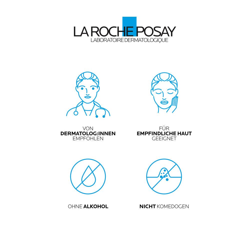 Logo La Roche-Posay. Pittogrammi: Raccomandato dai dermatologi, adatto alle pelli sensibili, senza alcool, non comedogenico.