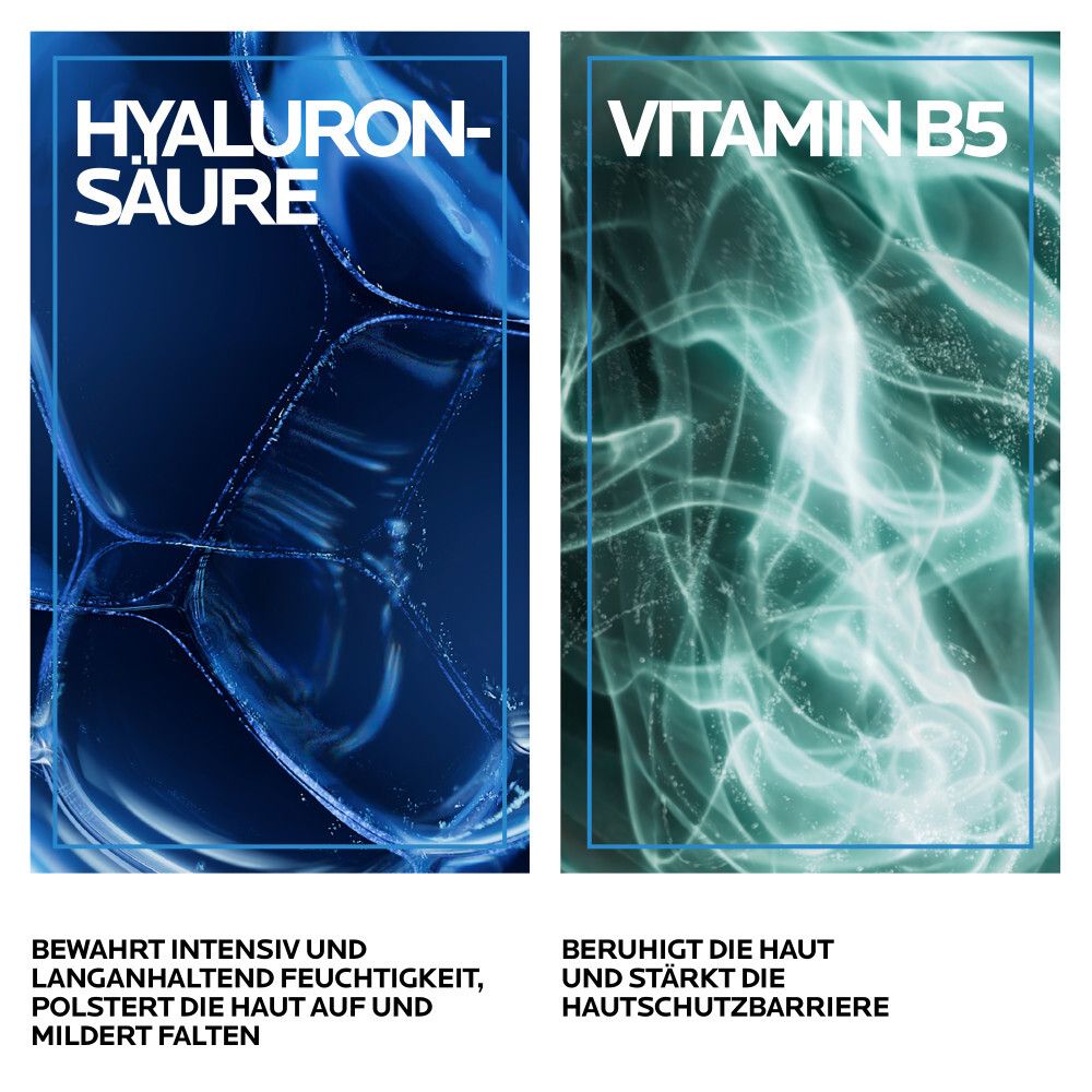 Due riquadri di testo: Acido Ialuronico, preserva l'idratazione. Vitamina B5, lenisce la pelle. Sfondi blu e verdi.