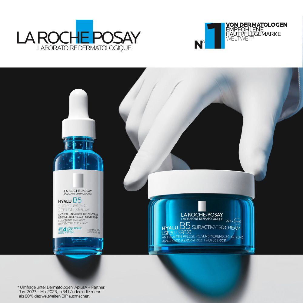 Prodotti La Roche-Posay: Siero e crema Hyalu B5. Mano con vaso di crema. Testo: Raccomandato dai dermatologi. In tutto il mondo.
