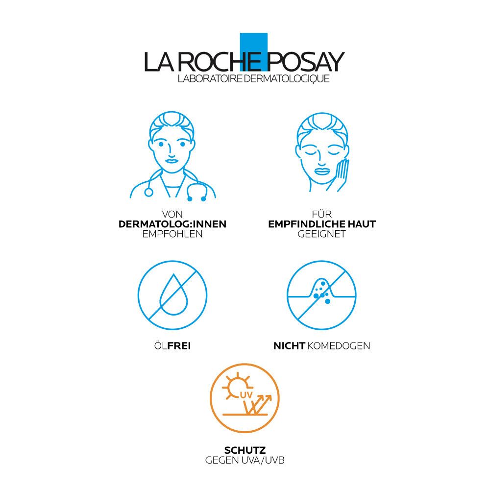 Logo La Roche-Posay. Testo: Raccomandato dai dermatologi. Adatto alle pelli sensibili. Senza olio. Non comedogeno. Protezione UVA/UVB.