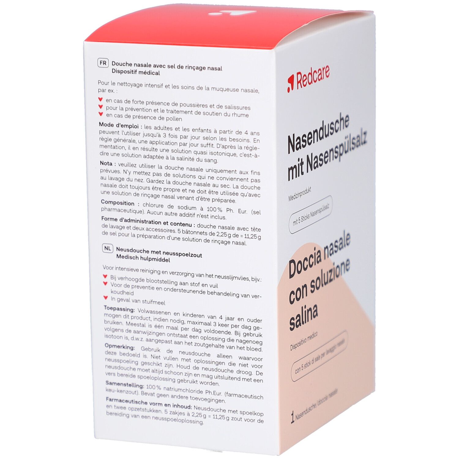 Immagine pubblicitaria con immagine del prodotto. Testo: Per un naso libero. Ideale per raffreddore e pollini.