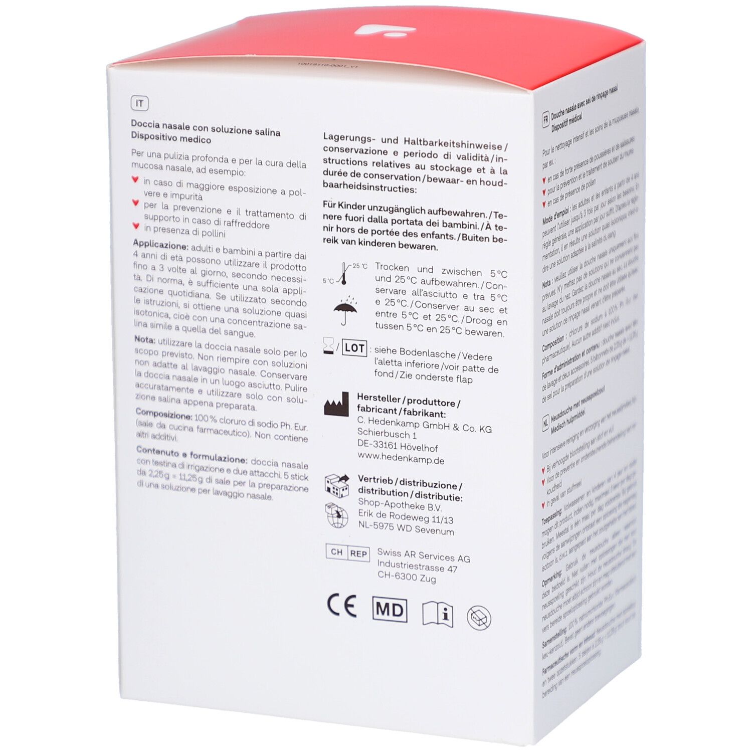 Immagine pubblicitaria con immagine del prodotto. Testo: Per un naso libero. Ideale per raffreddore e pollini.