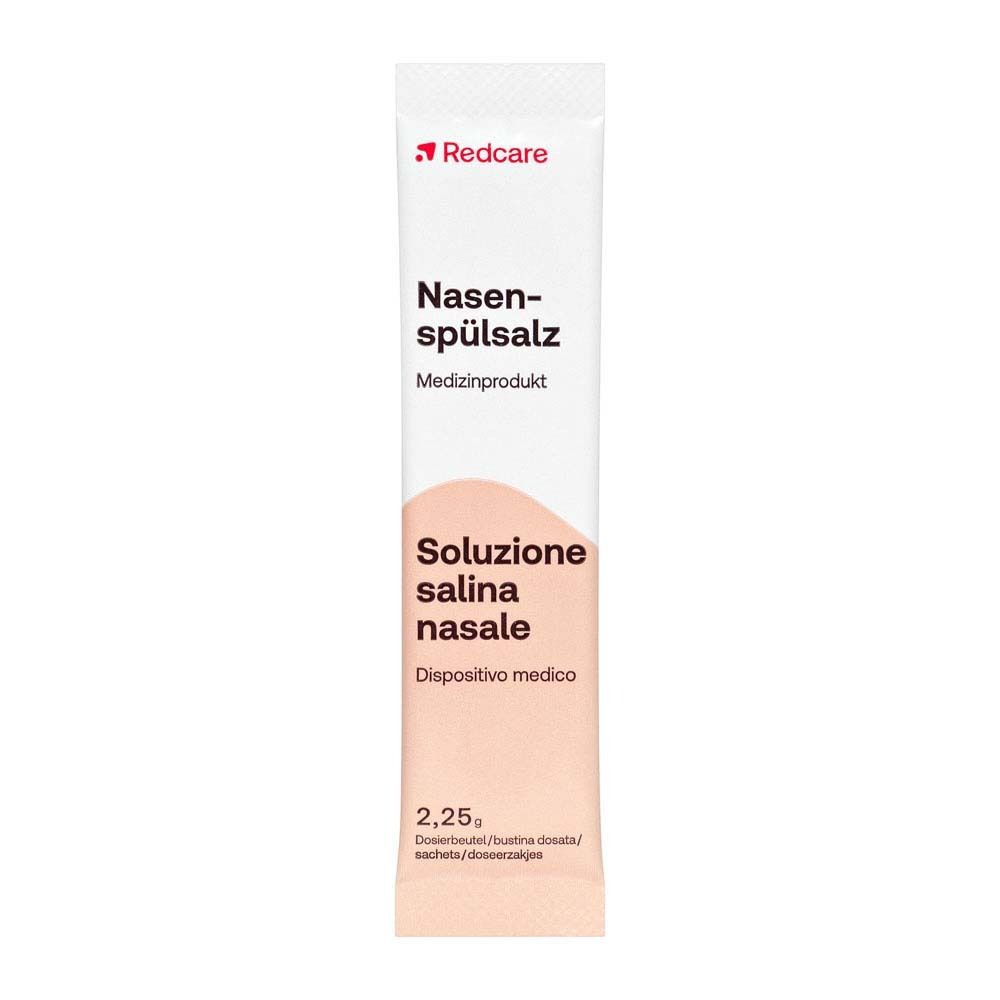 Confezione di Redcare Nasenspülsalz. Scritta: Nasenspülsalz, dispositivo medico. Soluzione salina nasale, dispositivo medico. 2,25g.