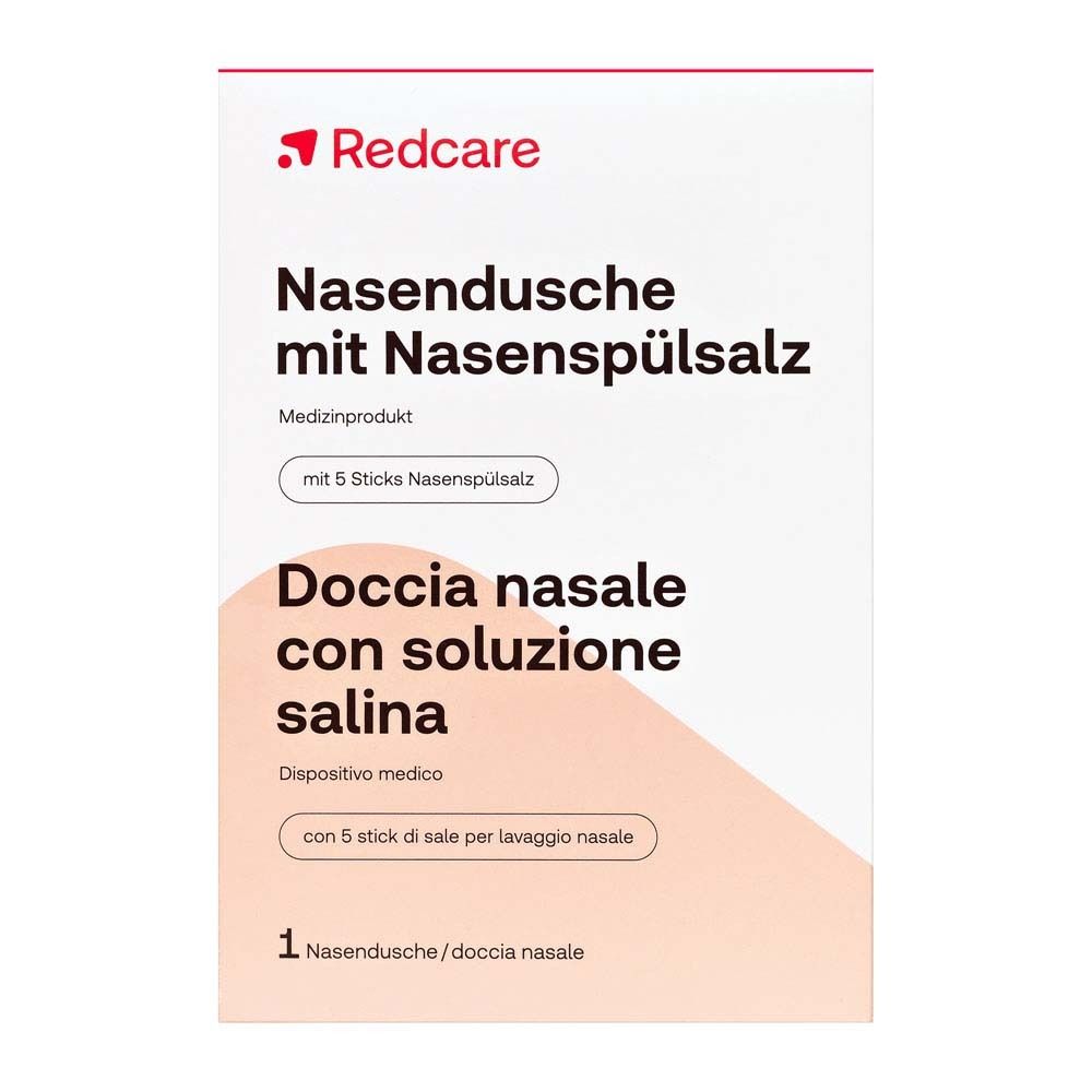 Confezione di Redcare Nasendusche mit Nasenspülsalz. Contiene doccia nasale e 5 stick di sale. Scritta: Doccia nasale con soluzione salina.