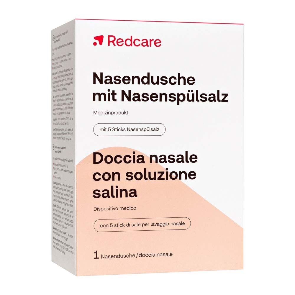 Confezione di Redcare Nasendusche mit Nasenspülsalz. Contiene doccia nasale e 5 stick di sale. Scritta: Doccia nasale con soluzione salina.