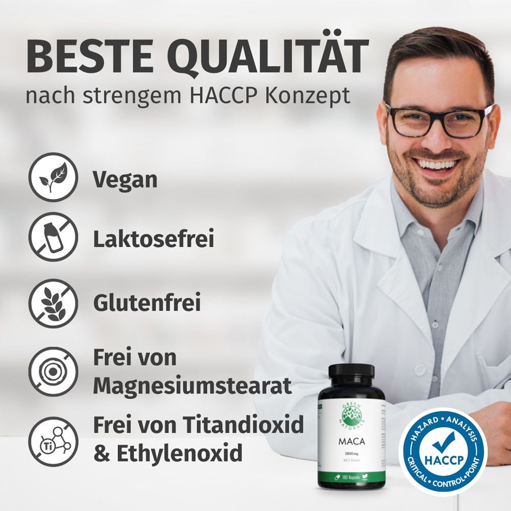 Uomo in camice bianco tiene in mano un flacone. Testo: Migliore qualità secondo il concetto HACCP. Vegano, senza lattosio, senza glutine. Sigillo HACCP.