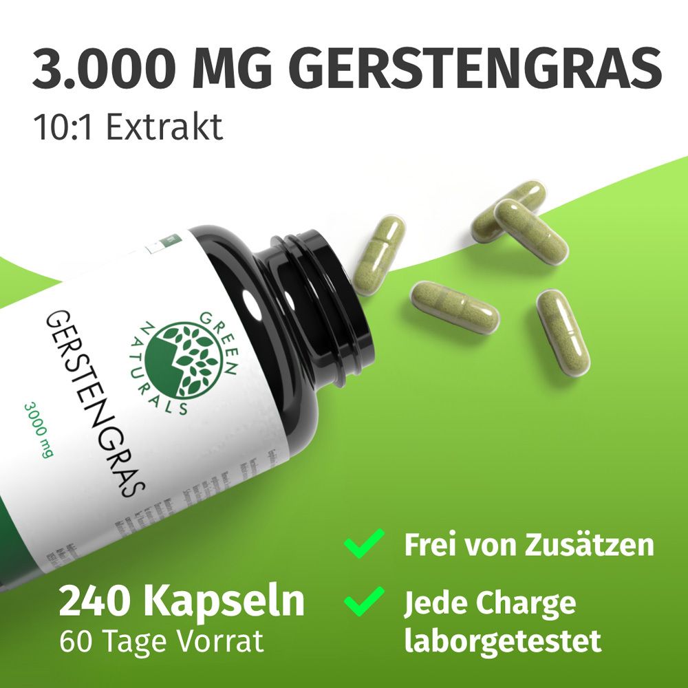 Flacone e capsule. Testo: 3.000 MG Gerstengras, 240 capsule, 60 giorni di fornitura. Senza additivi. Testato in laboratorio.