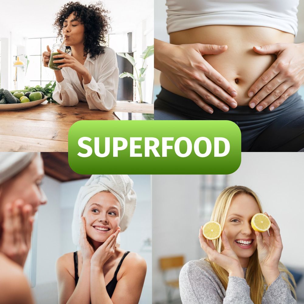Collage di quattro immagini. Donna che beve succo, donna che si tocca la pancia, donna con limone, donna con maschera facciale. Testo: SUPERFOOD.