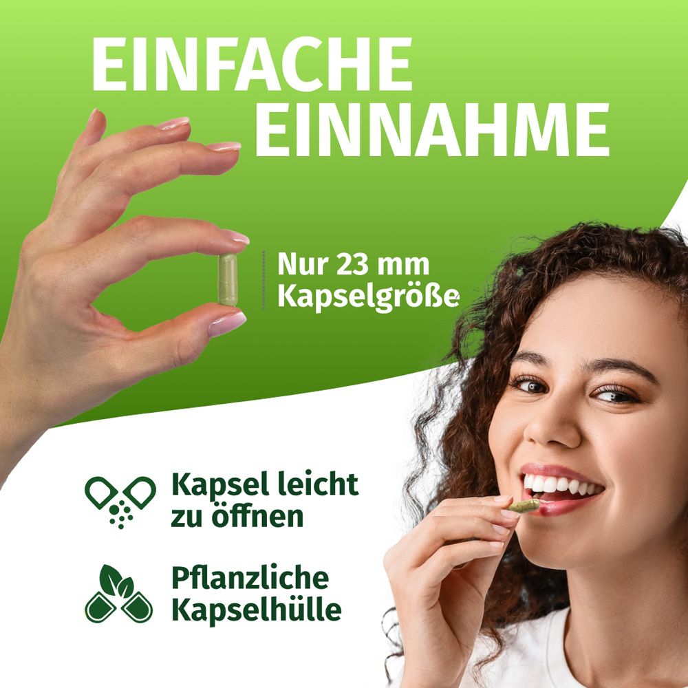 Donna che tiene in mano una capsula. Testo: Assunzione facile. Capsula facile da aprire. Involucro di capsula vegetale. Dimensione capsula: 23 mm.