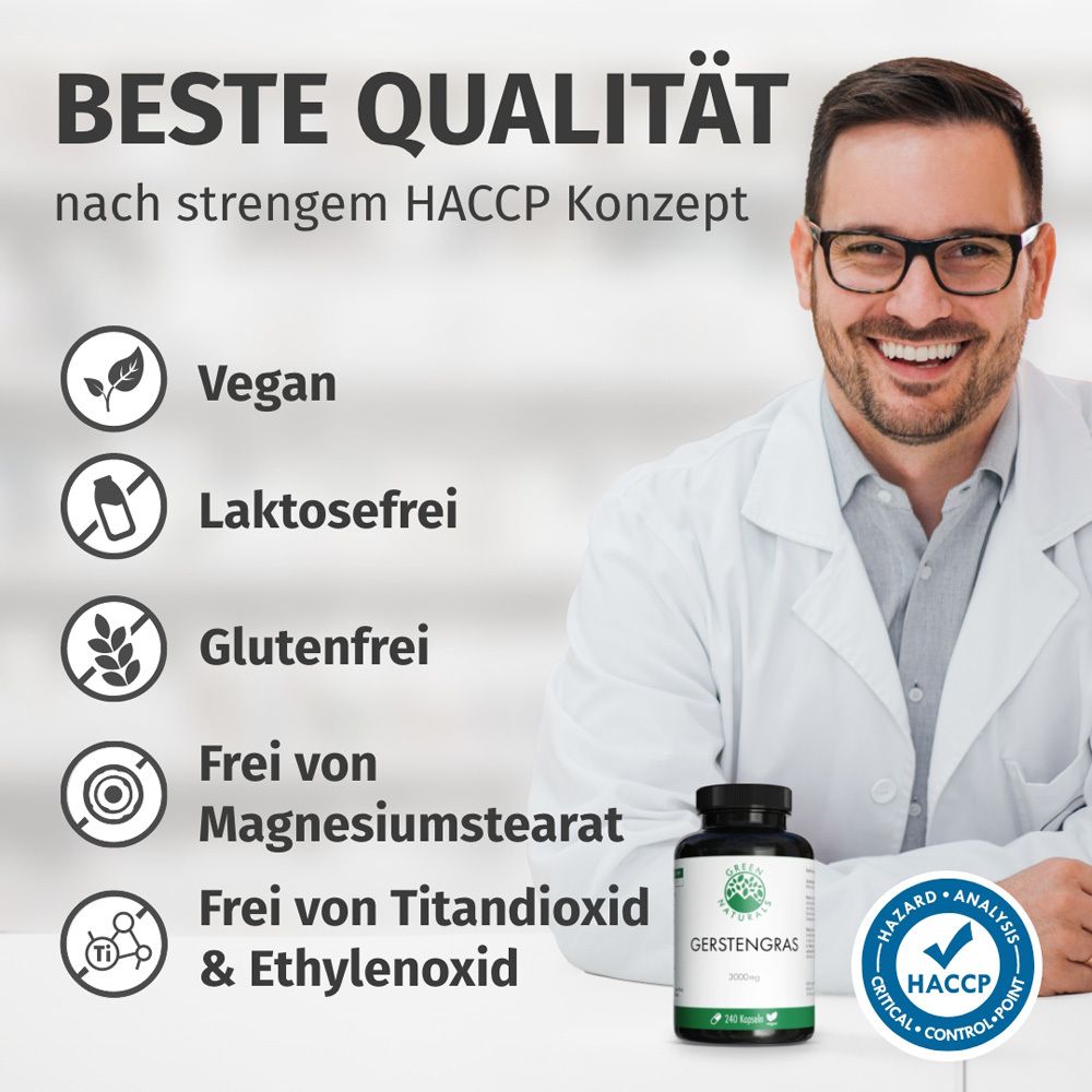 Uomo con flacone del prodotto. Testo: Migliore qualità secondo HACCP. Vegano, senza lattosio, senza glutine, senza stearato di magnesio, biossido di titanio.