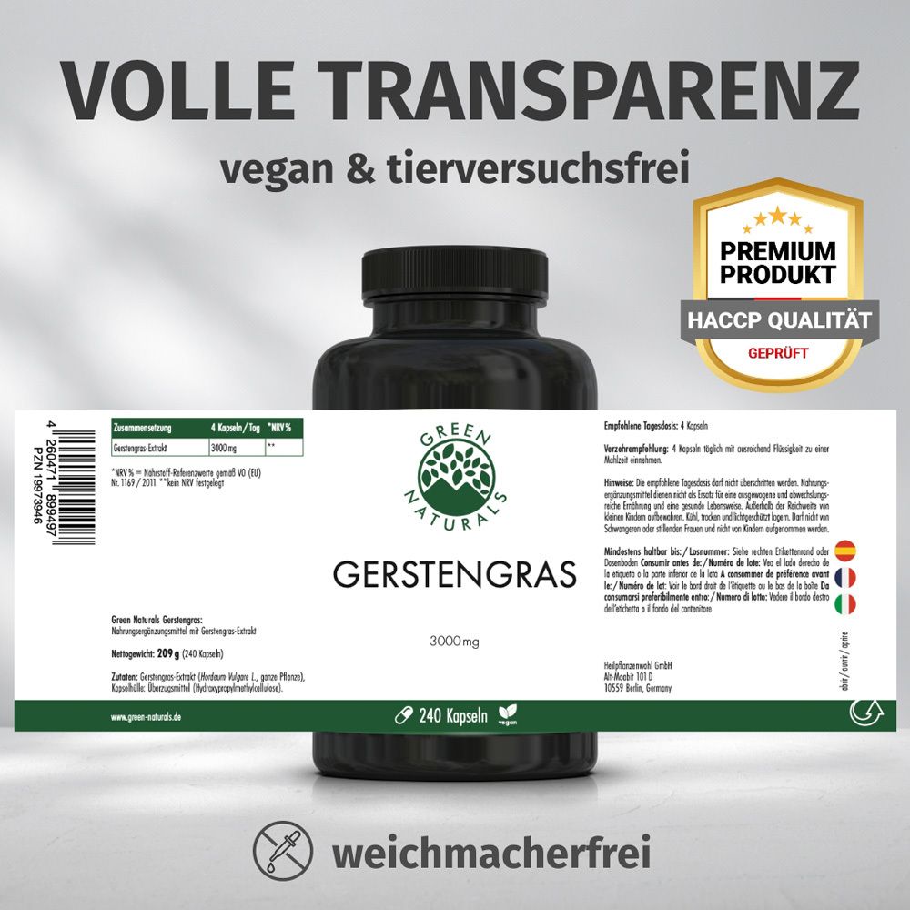 Flacone del prodotto con etichetta. Testo: Piena trasparenza, vegano e senza test sugli animali. Prodotto premium, qualità HACCP. 240 capsule.