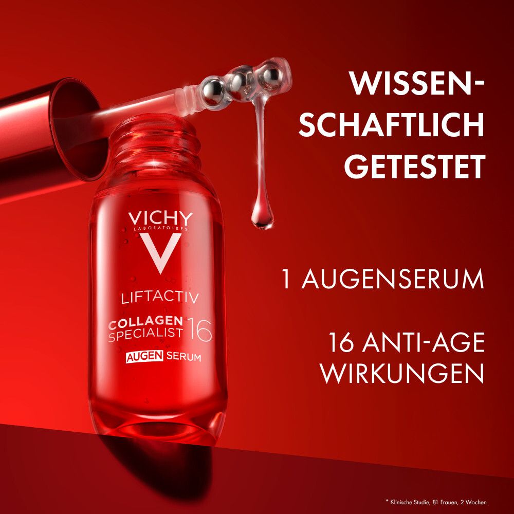 Siero contorno occhi Vichy Liftactiv Collagen Specialist 16 con applicatore che tiene una perla di siero. Testo: Testato scientificamente, 1 siero occhi, 16 azioni anti-età.