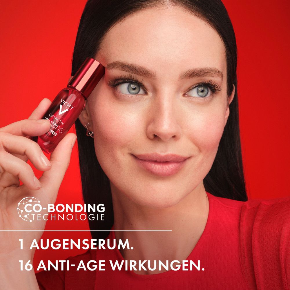Donna che tiene il siero contorno occhi Vichy Liftactiv Collagen Specialist 16. Testo: Tecnologia Co-Bonding, 1 siero occhi, 16 azioni anti-età.