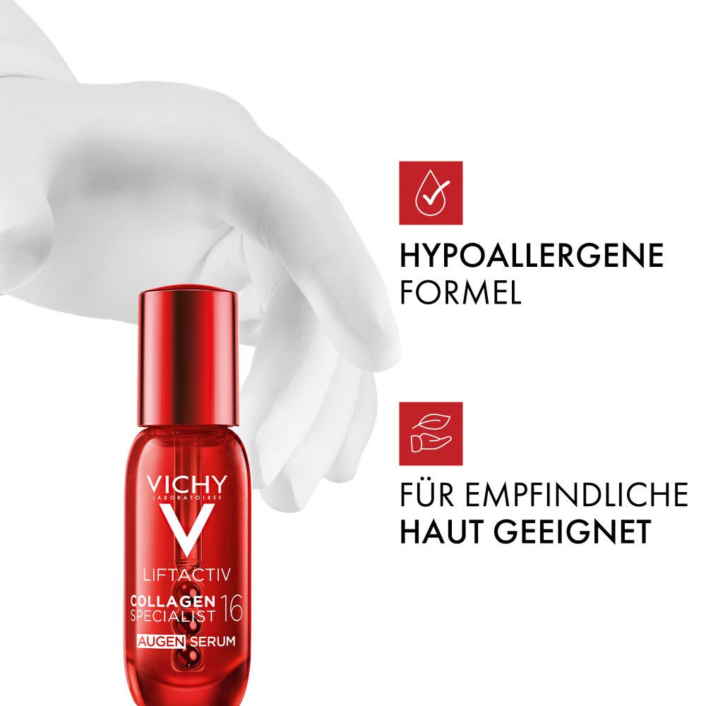 Siero contorno occhi Vichy Liftactiv Collagen Specialist 16. Testo: Formula ipoallergenica, adatta per pelli sensibili.