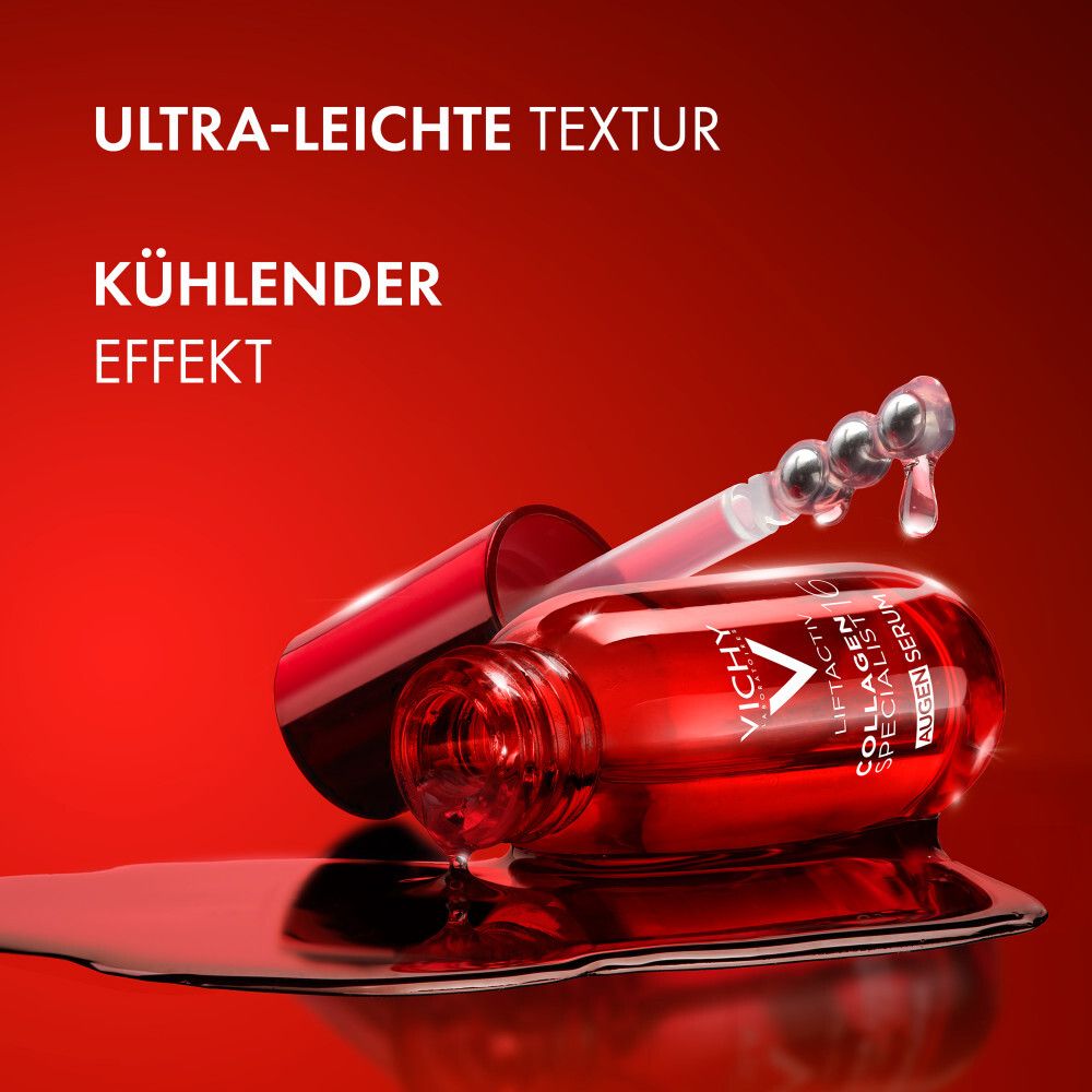 Siero contorno occhi Vichy Liftactiv Collagen Specialist 16 con applicatore. Testo: Texture ultra-leggera, effetto rinfrescante.
