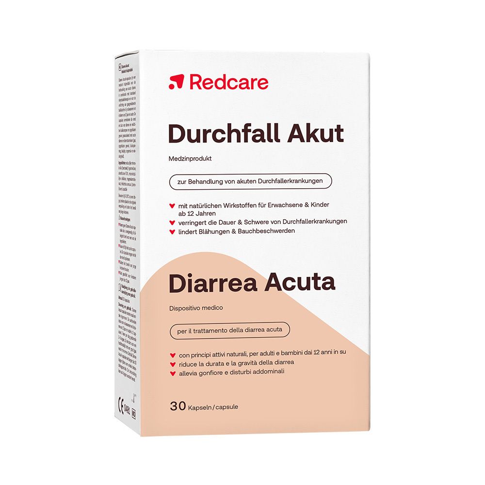 Scatola bianca con logo rosso "Redcare". Scritta "Durchfall Akut" e "Diarrhea Acuta". 30 capsule.
