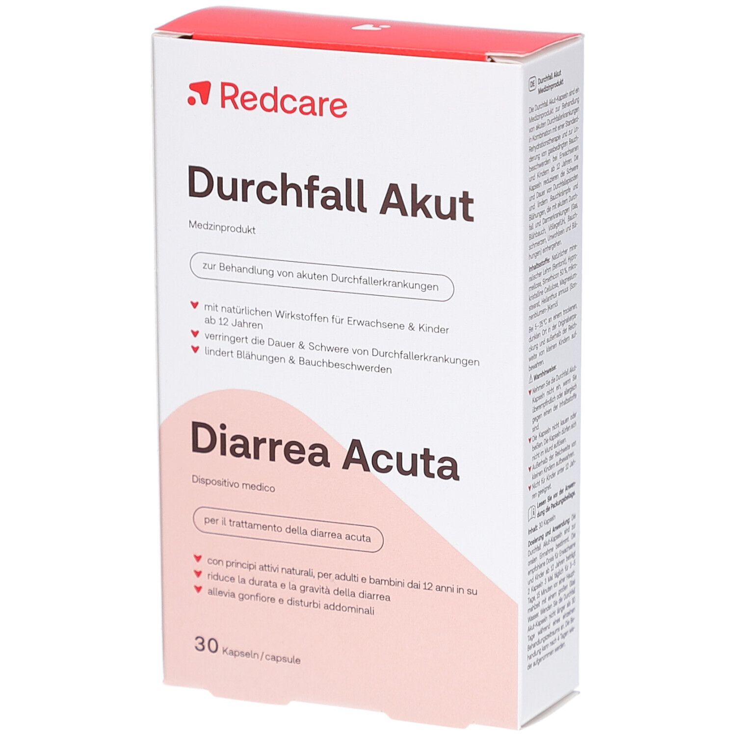 Scatola bianca con logo rosso "Redcare". Scritta "Durchfall Akut" e "Diarrhea Acuta". 30 capsule.