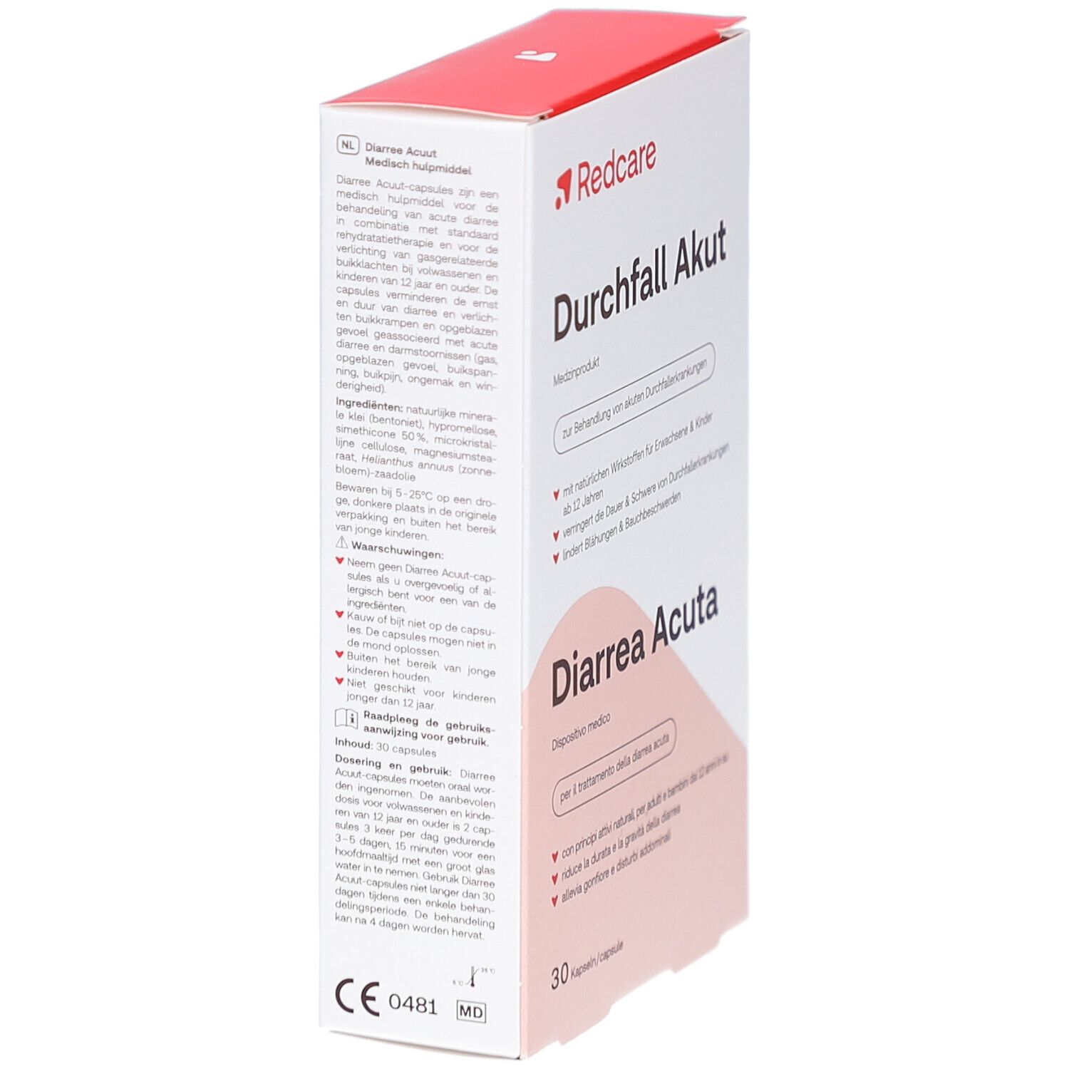 Scatola con logo rosso "Redcare". Scritta "Durchfall Akut" e "Diarrhea Acuta". Testo in tedesco.