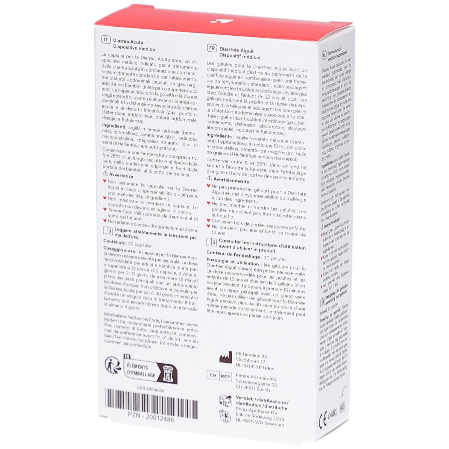 Scatola con logo rosso "Redcare". Scritta "Durchfall Akut" e "Diarrhea Acuta". Testo in tedesco.