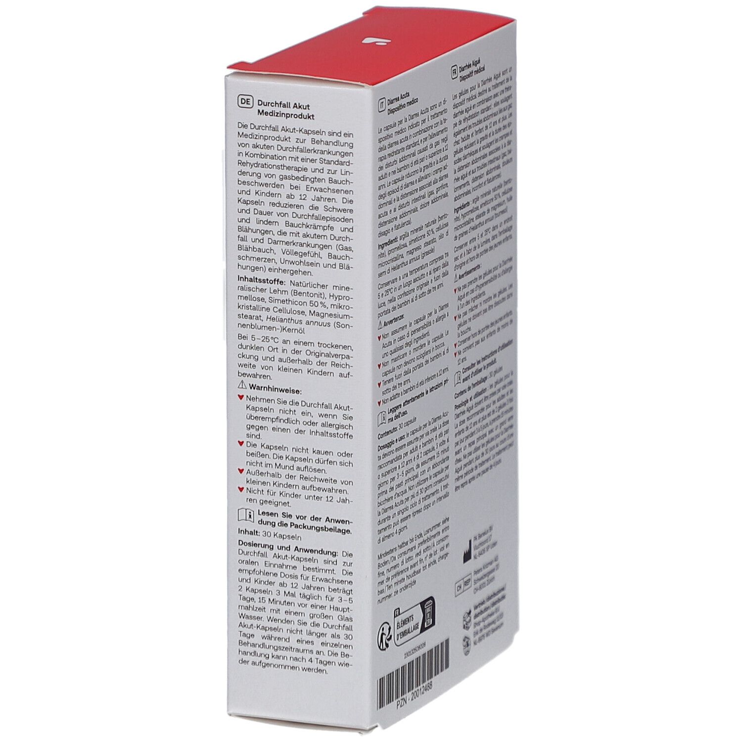Scatola bianca con logo rosso "Redcare". Scritta "Durchfall Akut" e "Diarrhea Acuta". 30 capsule.