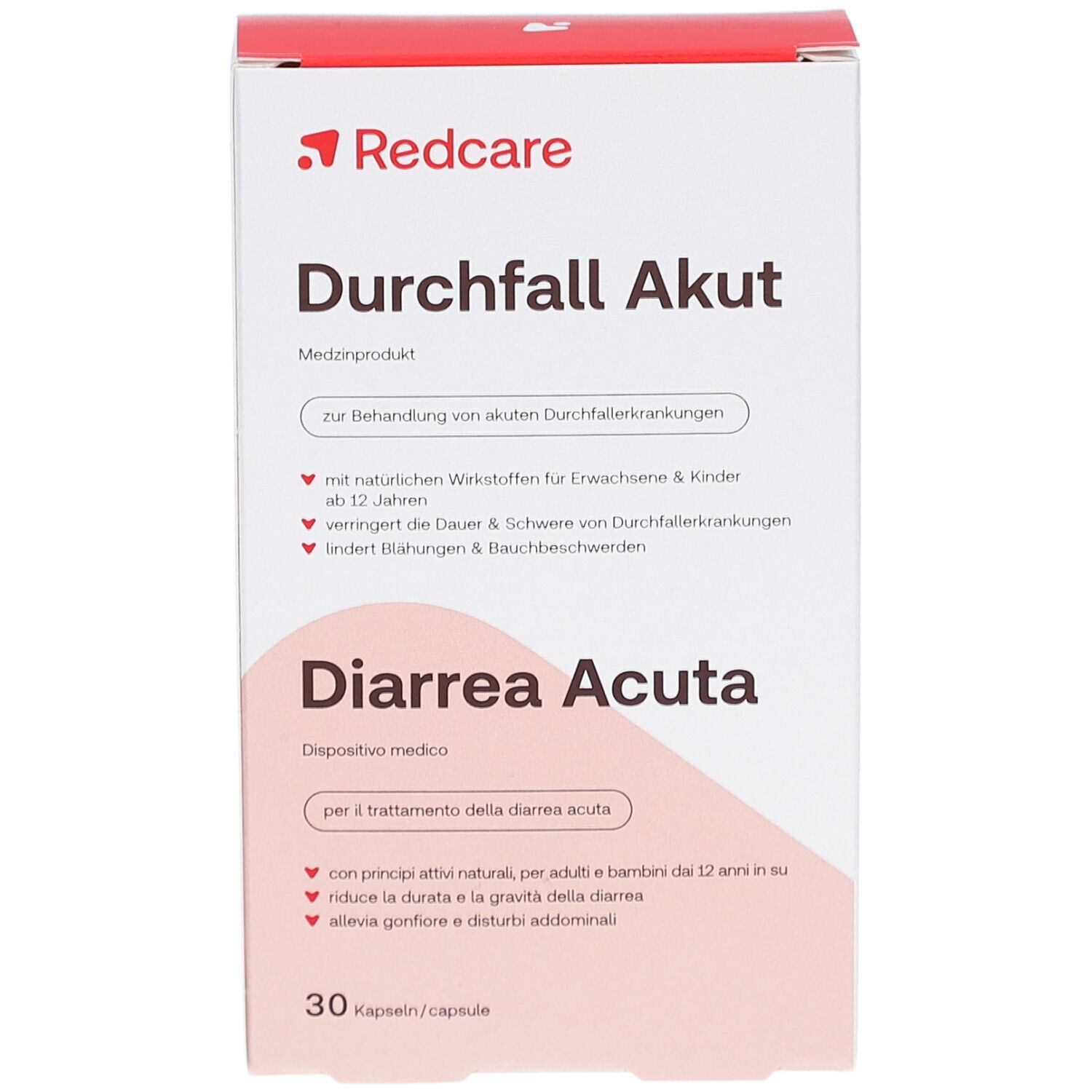 Scatola bianca con logo rosso "Redcare". Scritta "Durchfall Akut" e "Diarrhea Acuta". 30 capsule.