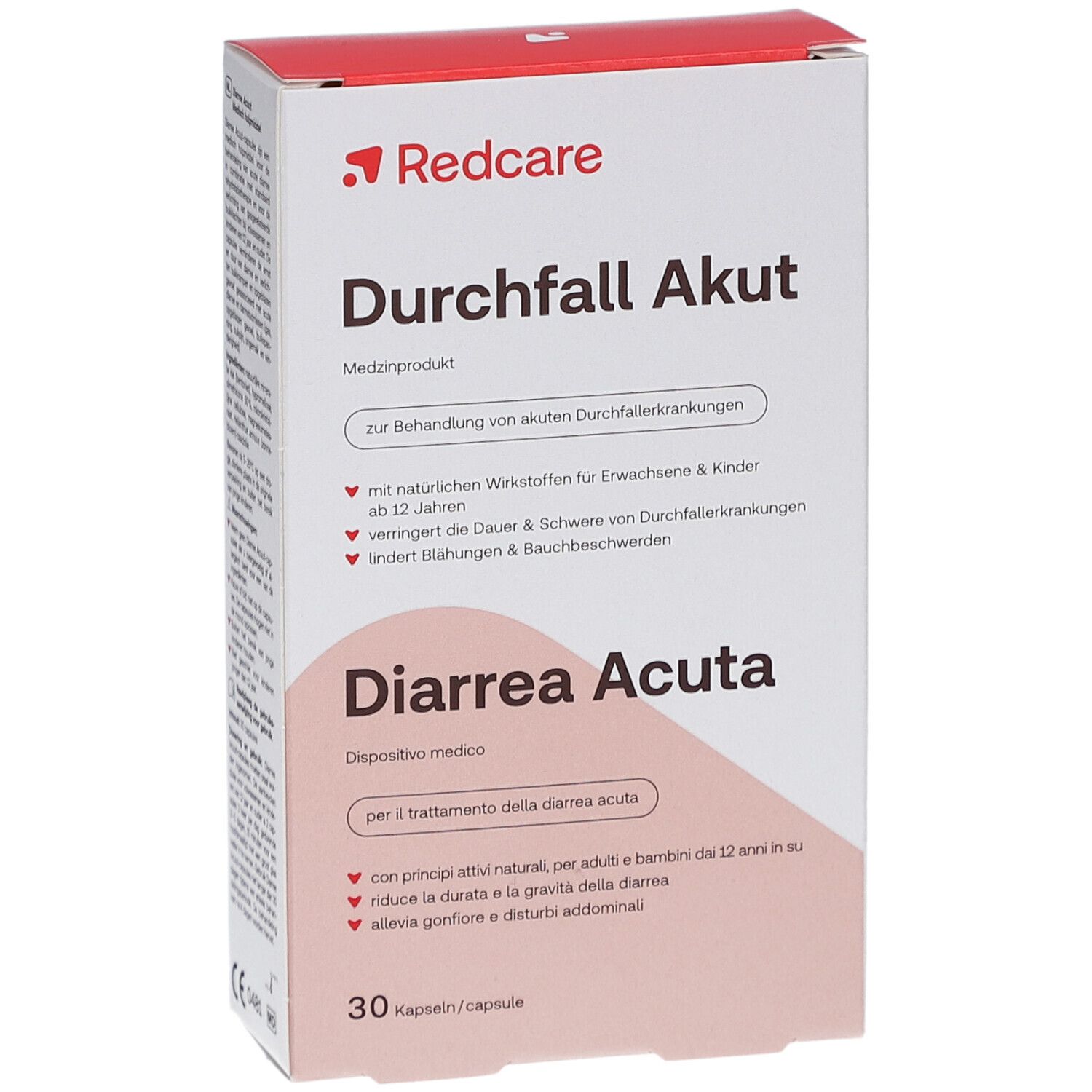 Scatola bianca con logo rosso "Redcare". Scritta "Durchfall Akut" e "Diarrhea Acuta". 30 capsule.