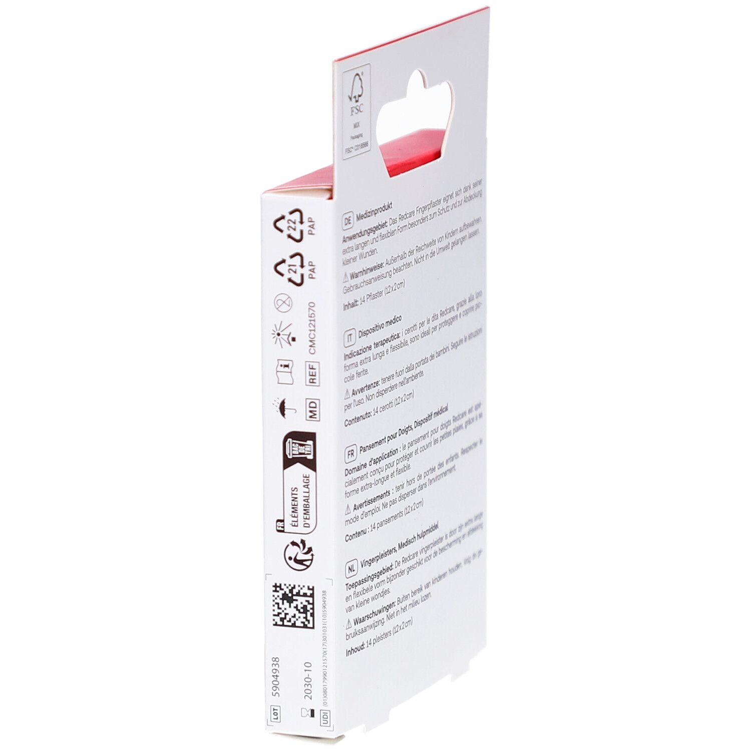 Retro della confezione di cerotti per dita. Testo in tedesco, italiano, francese e olandese.