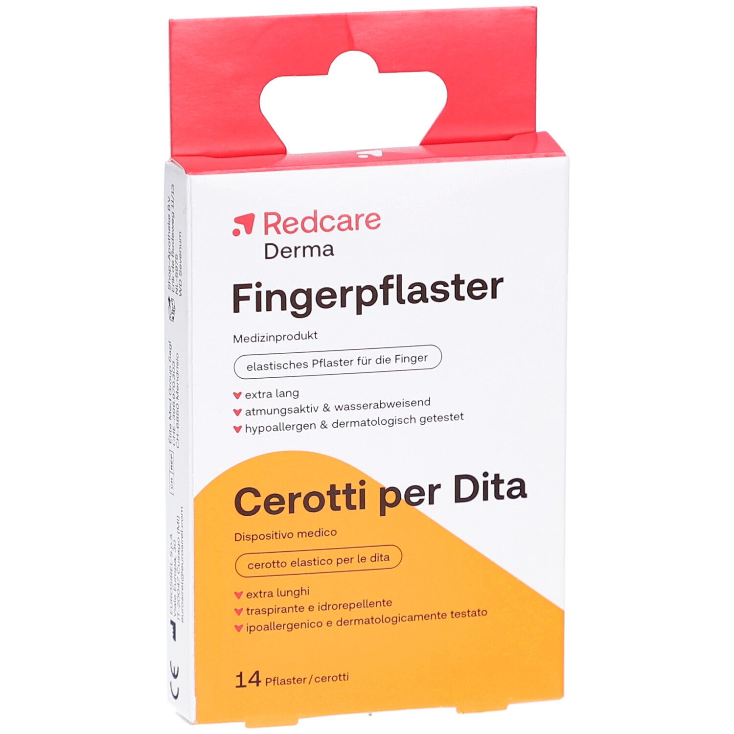 Confezione di cerotti per dita Redcare Derma. Scritte: Fingerpflaster, Cerotti per Dita. Contiene 14 cerotti.