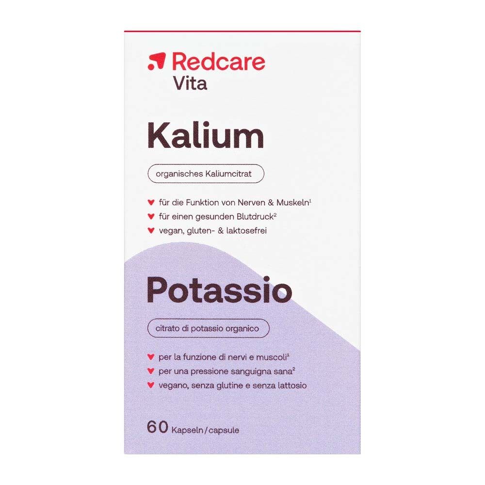 Scatola con scritta: Redcare Vita Kalium, Potassio, 60 capsule. Accento viola.