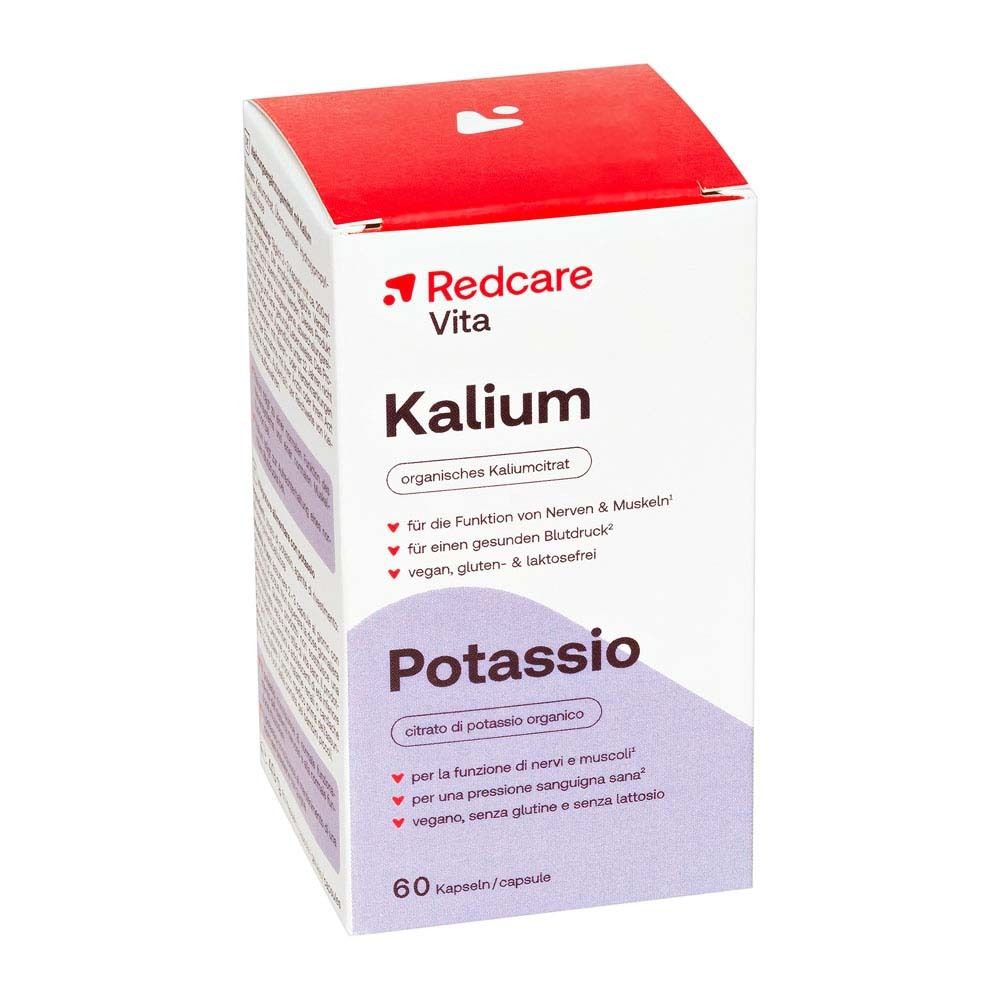 Flacone bianco con capsule. Scritta: Redcare Vita Kalium, 60 capsule. Informazioni nutrizionali.