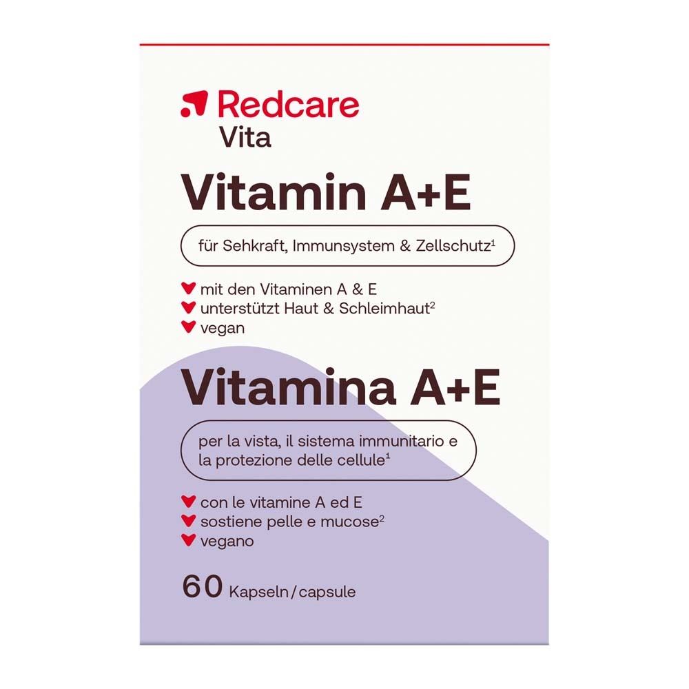 Confezione di Redcare Vita Vitamina A+E. Scritta: 60 capsule. Viola e bianco.