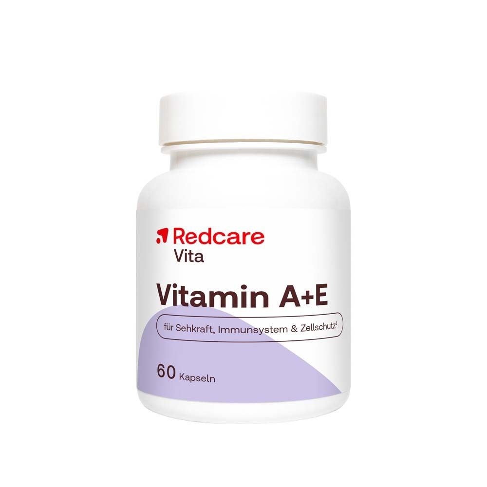 Flacone bianco con capsule. Scritta: Redcare Vita Vitamina A+E. 60 capsule.
