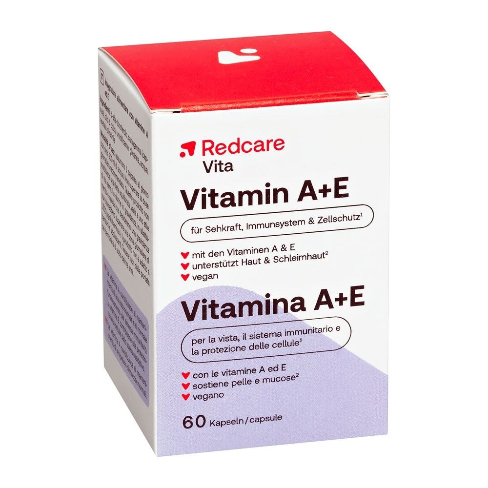 Redcare Vitamina A+E 60 capsule: confezione in cartone con informazioni sul prodotto.
