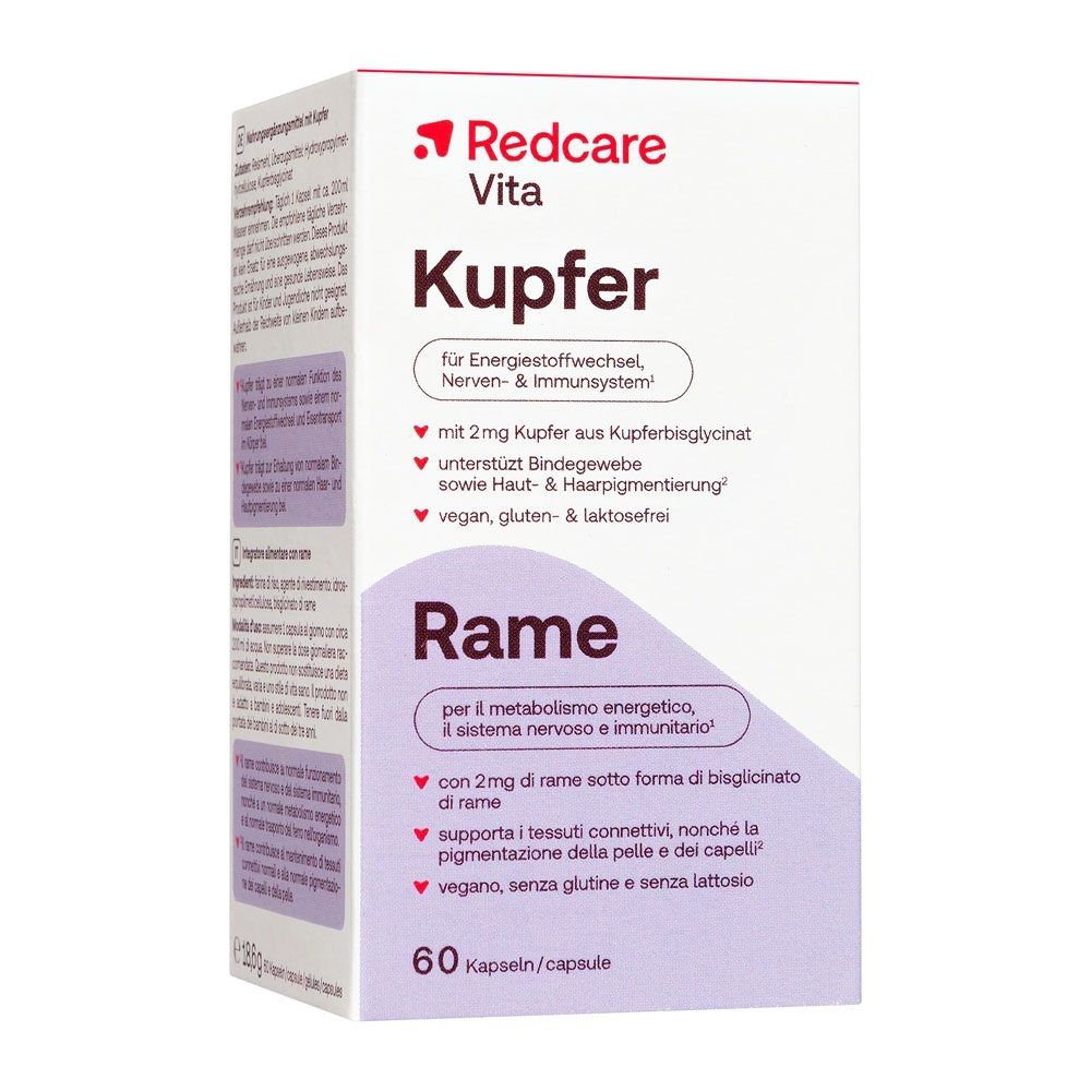 Retro della confezione Redcare Vita Kupfer da 60 capsule.