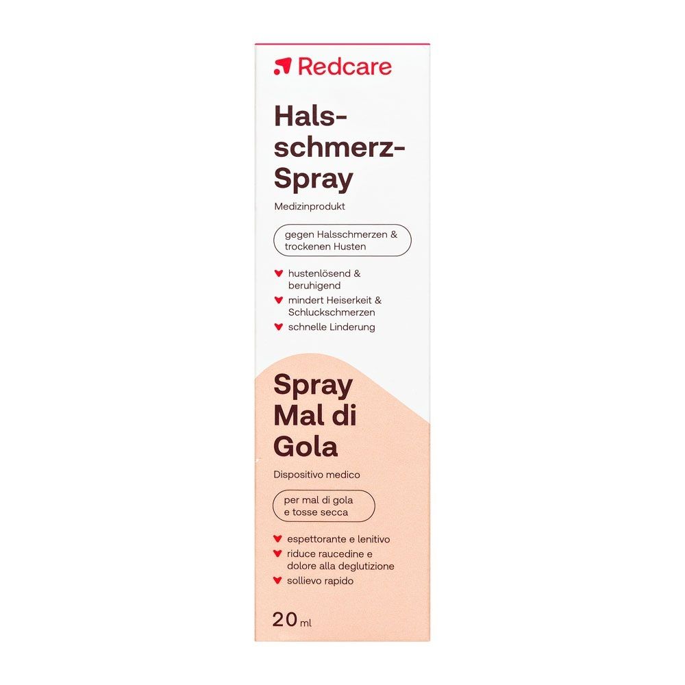 Confezione dello spray per la gola Redcare. Dispositivo medico con istruzioni per l'uso.