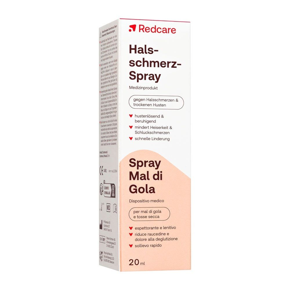 Confezione dello spray per la gola Redcare con marchio CE e simboli medici.