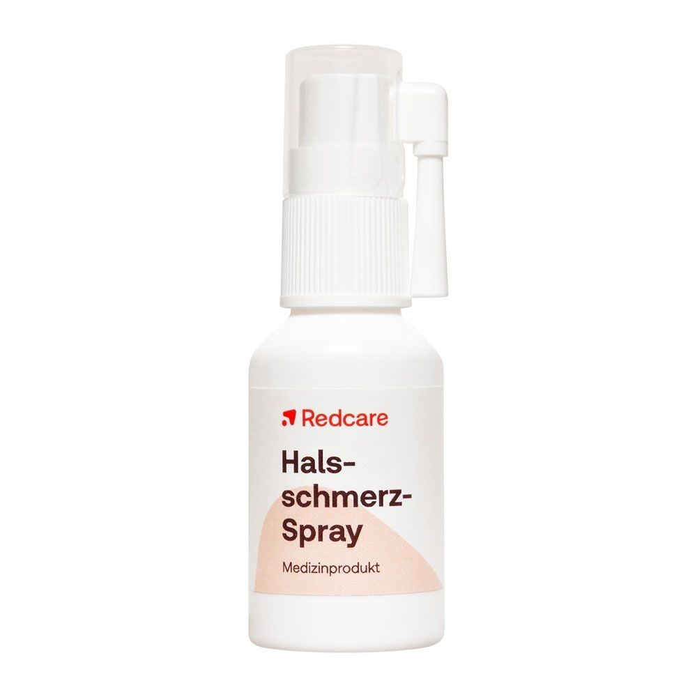 Spray per la gola Redcare in flacone bianco con applicatore. Dispositivo medico.