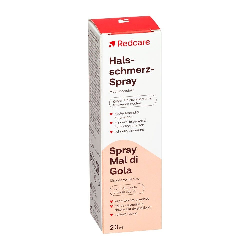 Confezione dello spray per la gola Redcare. Contiene informazioni su espettorante e lenitivo.