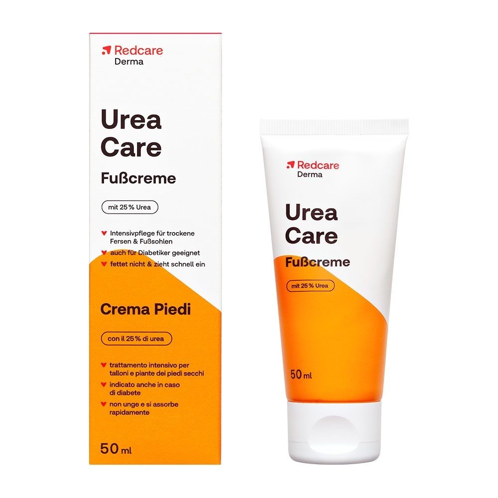 Redcare Urea Care Crema piedi 50ml: confezione in cartone e tubo bianco con design arancione.
