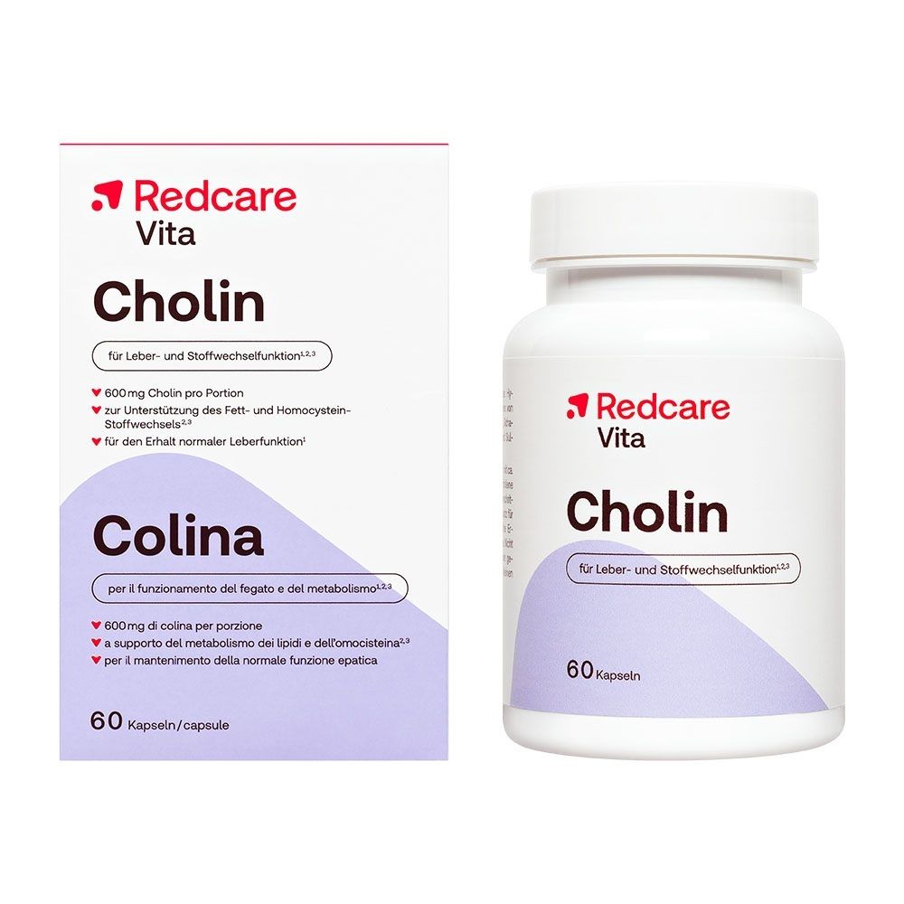 Confezione e flacone di capsule Redcare Vita Cholin, 60 capsule.