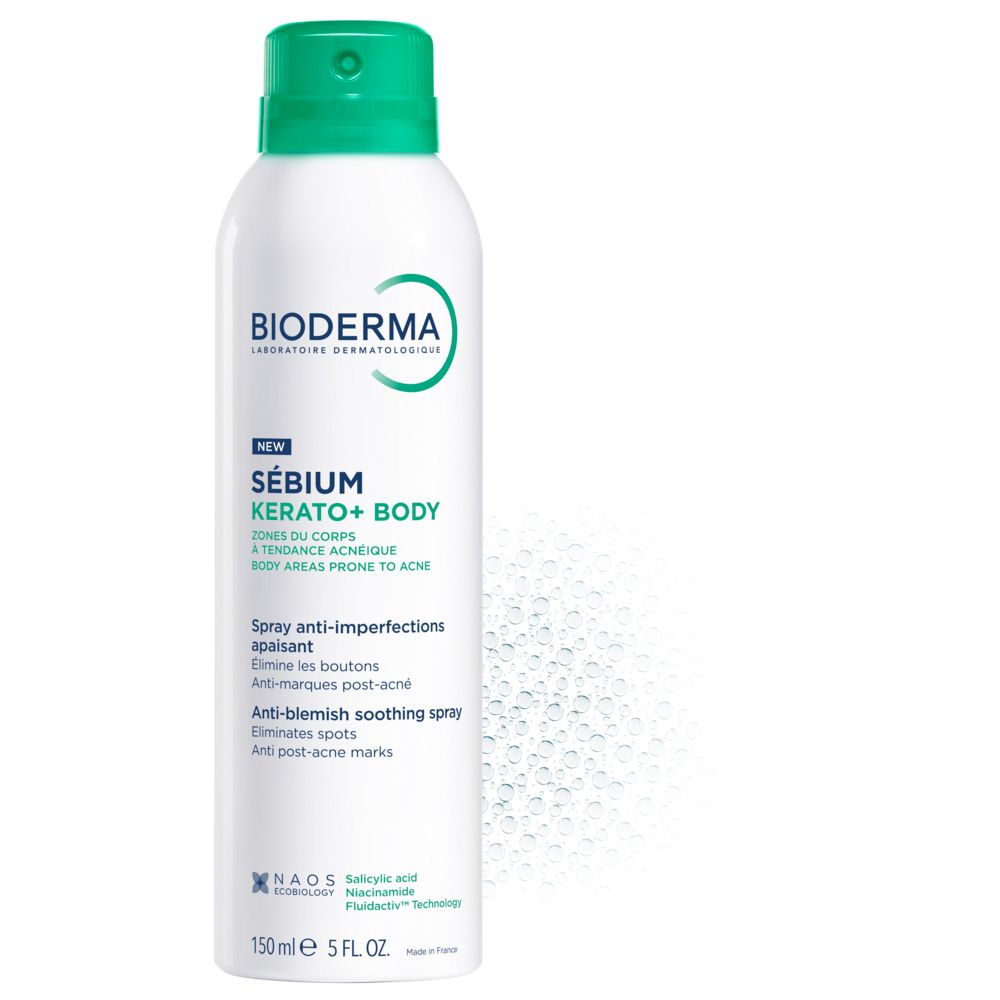 Spray corpo Bioderma Sébium Kerato+ con tappo verde, 150ml.