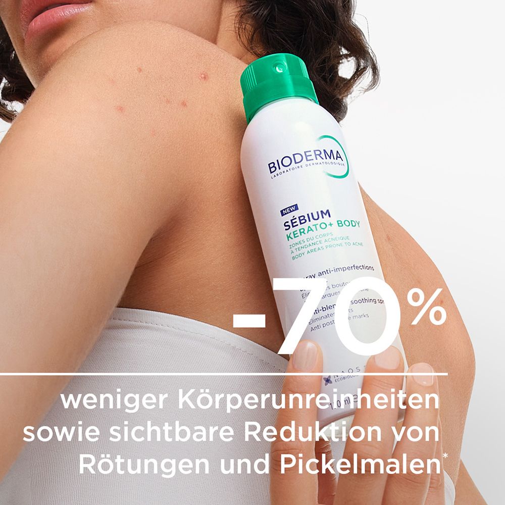 Spray corpo Bioderma Sébium Kerato+ con tappo verde, 150ml.