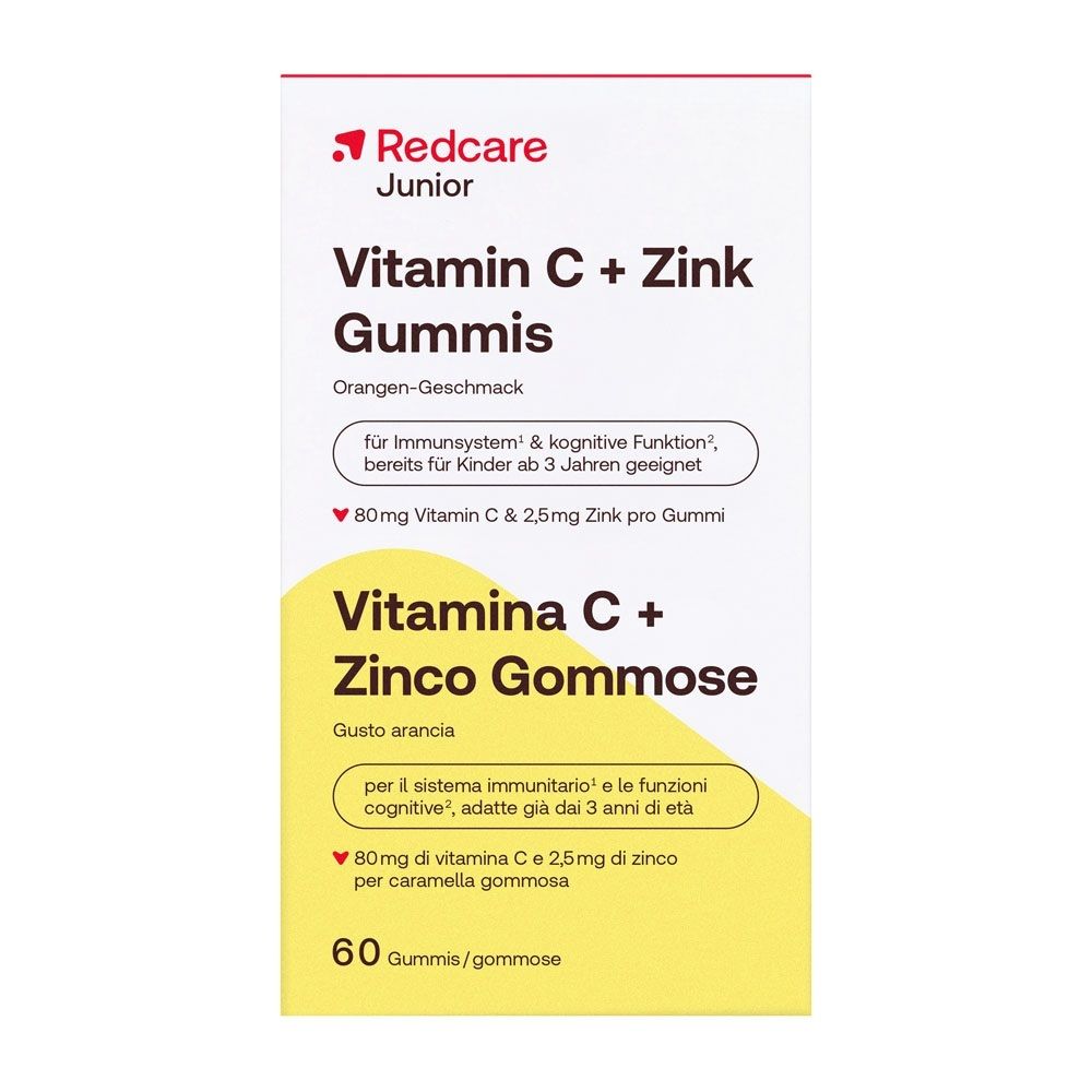 Confezione Redcare Junior Vitamina C + Zinco Gommoso, 60 pezzi, gusto arancia.