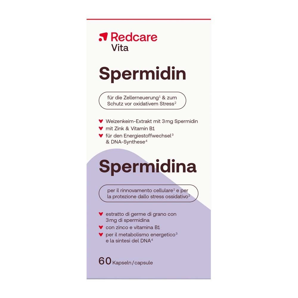 Scatola Redcare Vita Spermidin. Scritto: 60 capsule. Contiene estratto di germe di grano, zinco e vitamina B1. Sfondo viola.