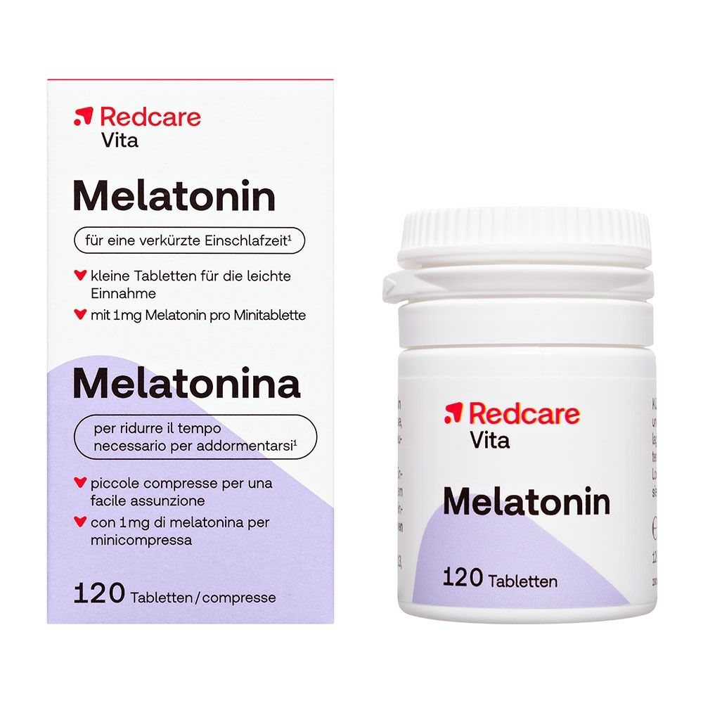 Redcare Melatonina 120 compresse: confezione in cartone e flacone bianco con compresse.