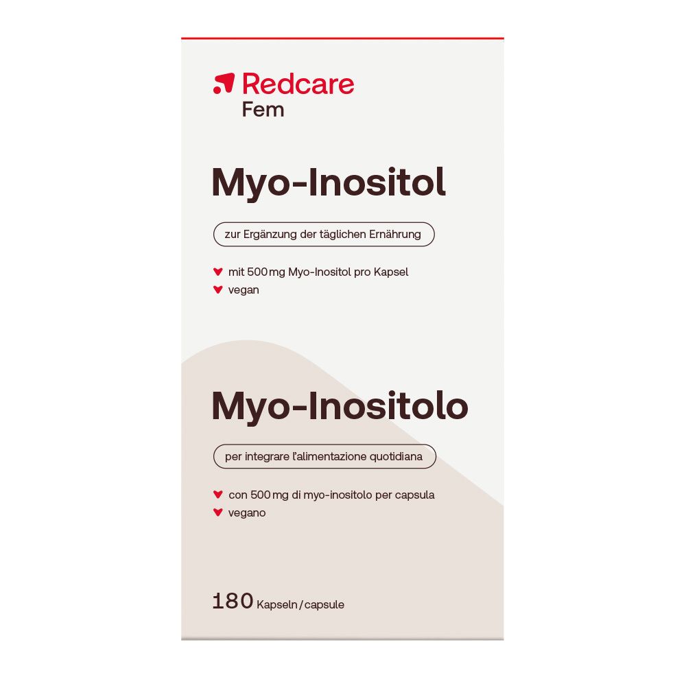 Redcare Fem Myo-Inositol. Scatola bianca. Scritta: Myo-Inositol, 180 capsule. Vegano.
