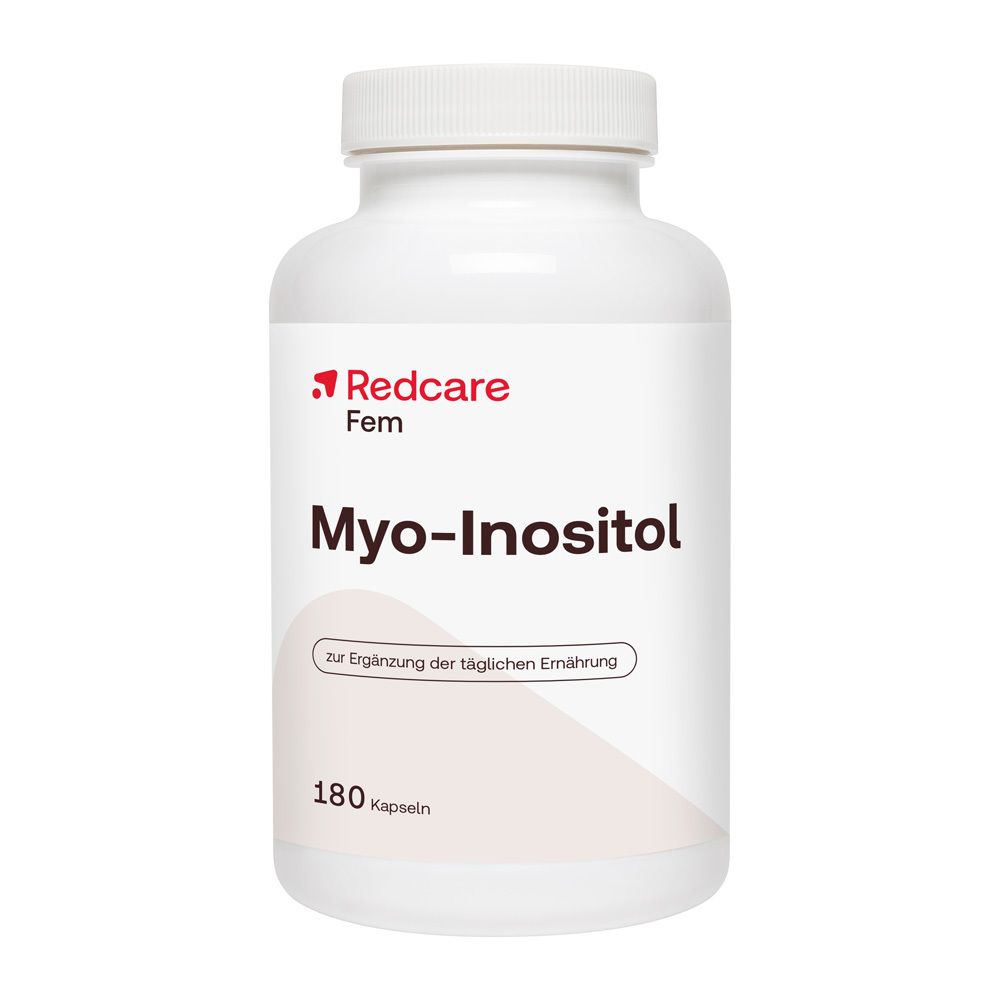 Redcare Fem Myo-Inositol. Flacone bianco. Scritta: Myo-Inositol, 180 capsule. Vegano.