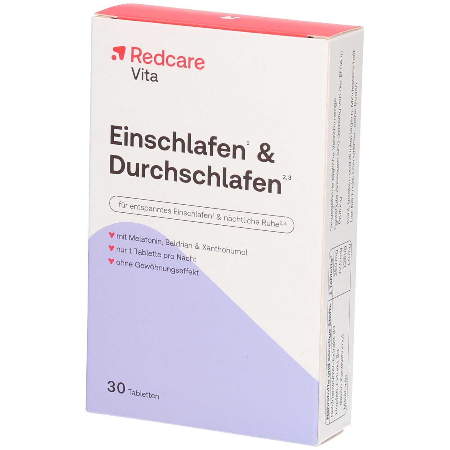 Redcare Vita Einschlafen & Durchschlafen, retro della confezione con ingredienti e istruzioni per l'uso.