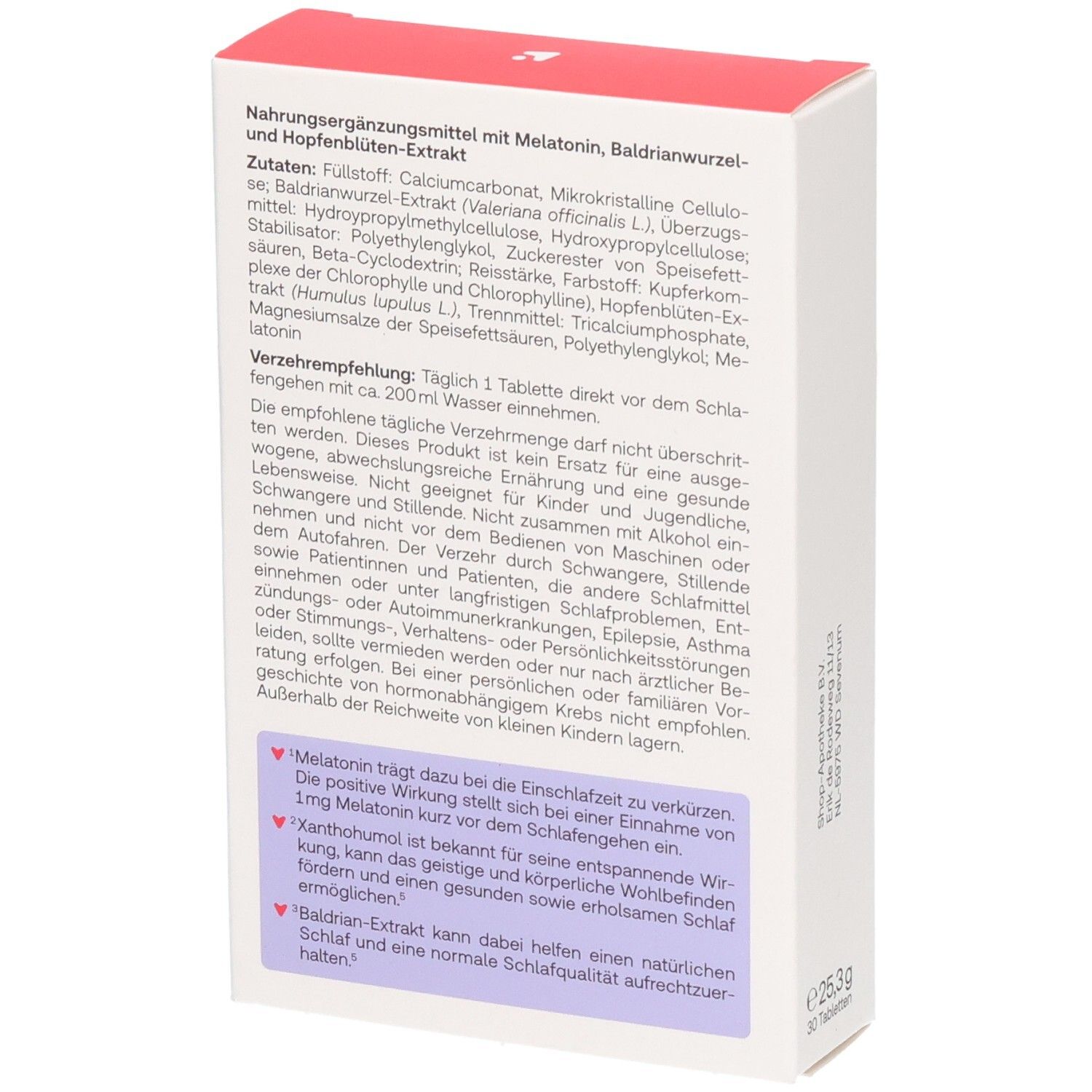 Redcare Vita Einschlafen & Durchschlafen, retro della confezione con dettagli nutrizionali e note.