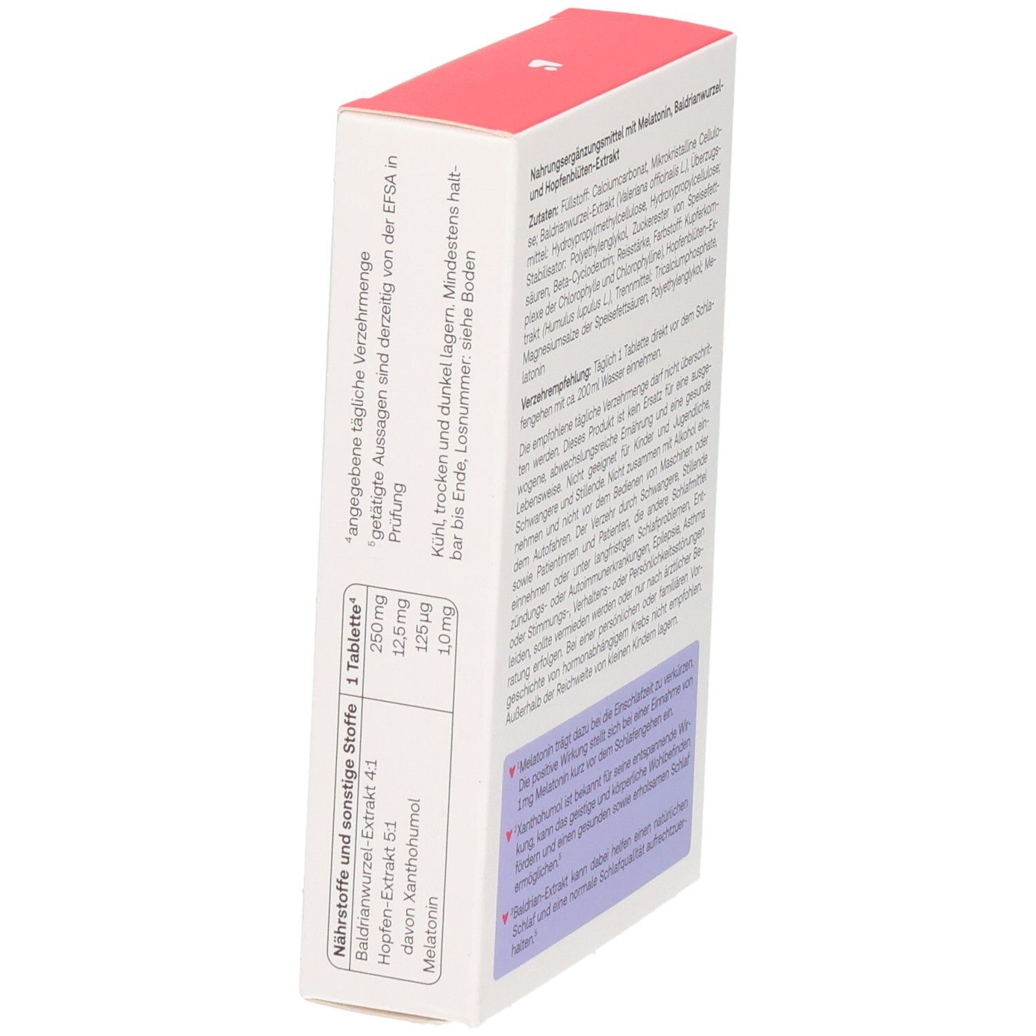 Redcare Vita Einschlafen & Durchschlafen, retro della confezione con tabella dei nutrienti e del dosaggio.